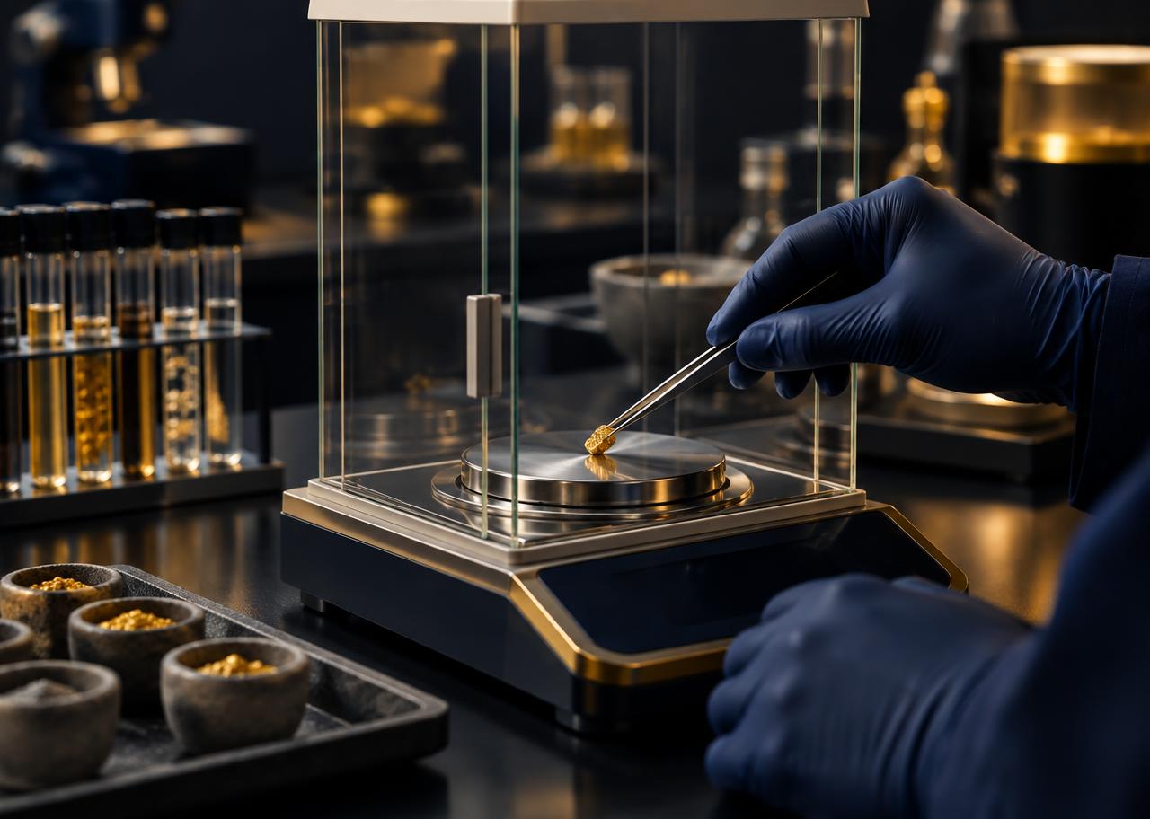 Gold sample on a precision balance in the assay laboratory